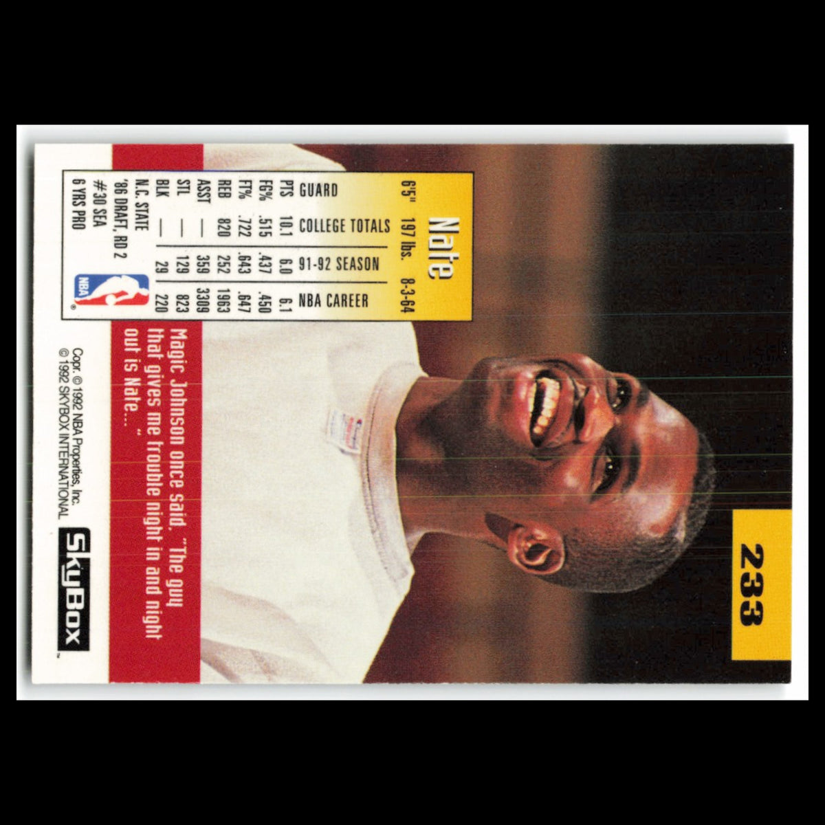 Nate McMillan #233 1992 SkyBox Seattle SuperSonics Basketball Card NBA NM