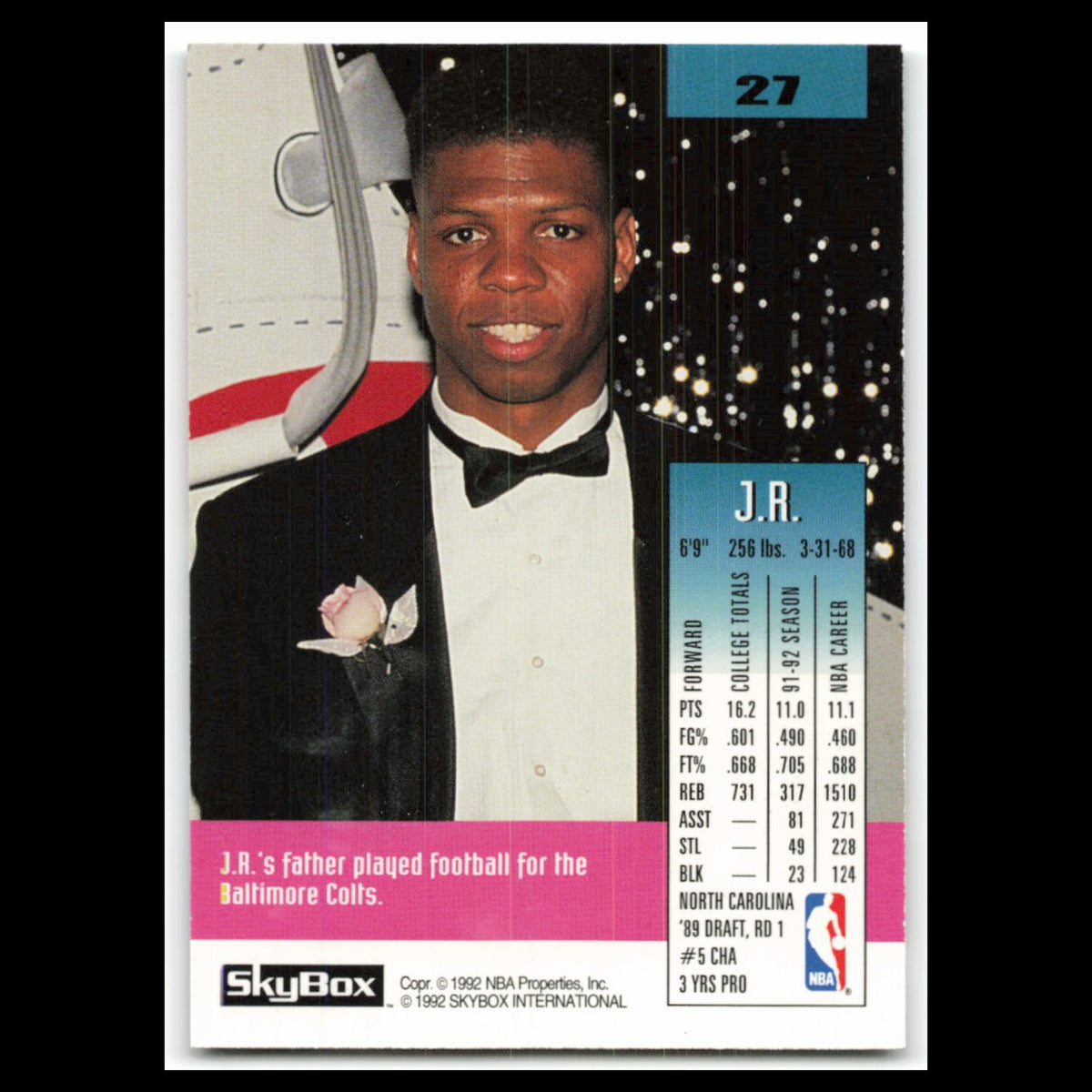 J.R. Reid #27 1992 SkyBox Charlotte Hornets Basketball Card NBA NM