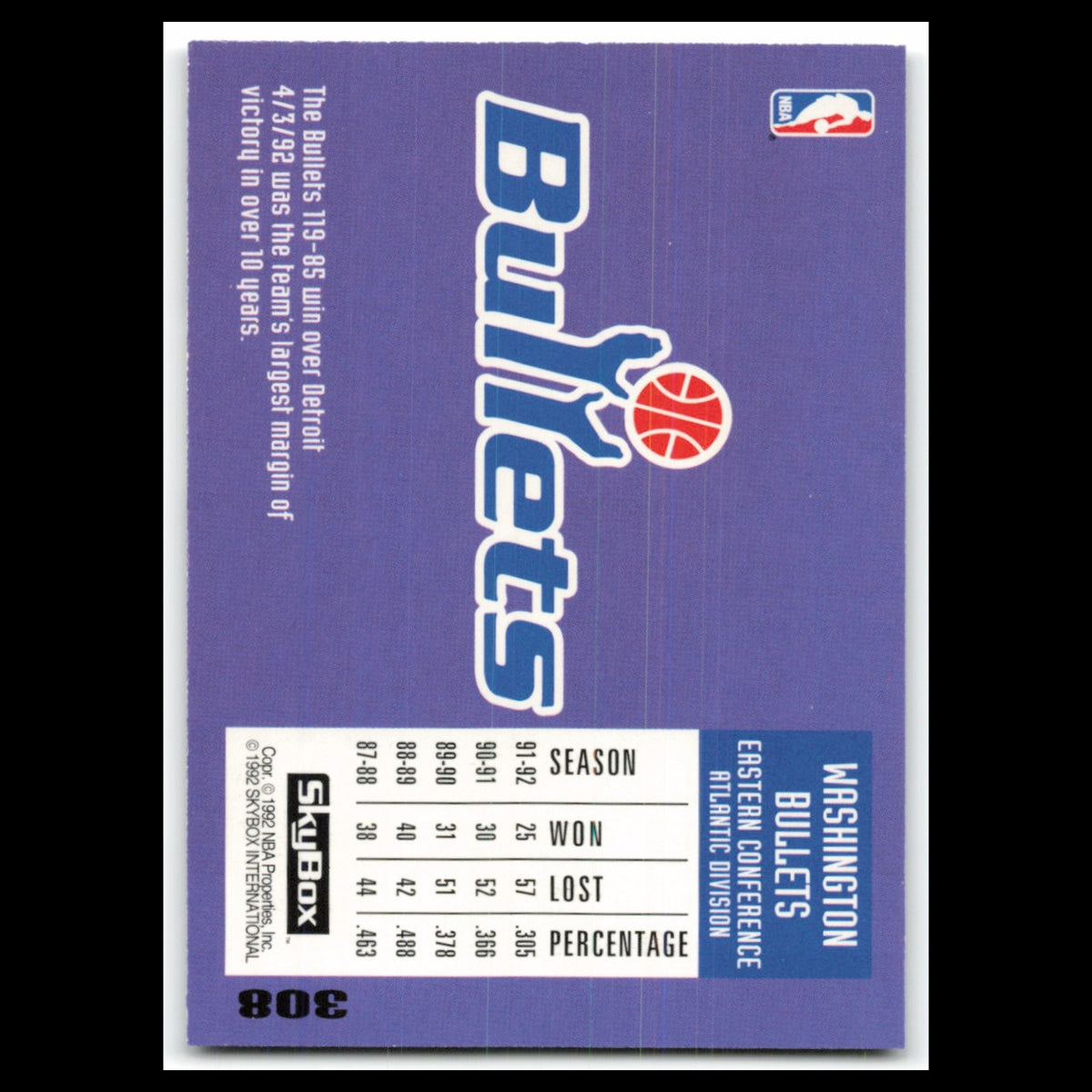 Team Card #308 1992 Skybox Washington Bullets Basketball Card NBA NM