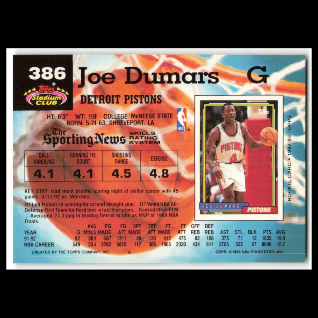 Joe Dumars #386 1992 Topps Stadium Club Detroit Pistons Basketball Card NBA NM