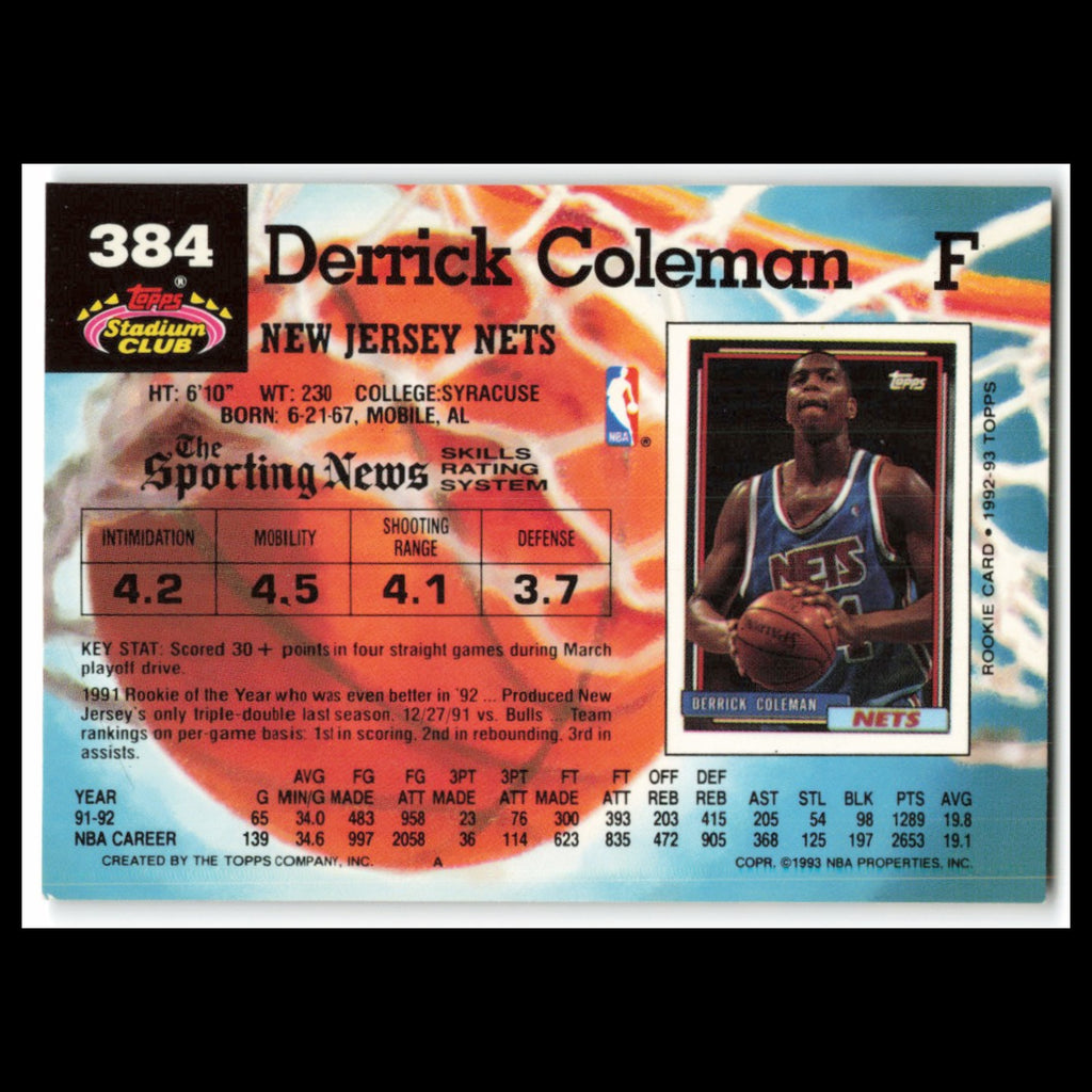 Derrick Coleman #384 1992 Topps Stadium Club New Jersey Nets Basketball Card NBA