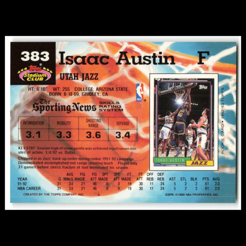 Isaac Austin Rookie #383 1992 Topps Stadium Club Utah Jazz Basketball Card NBA