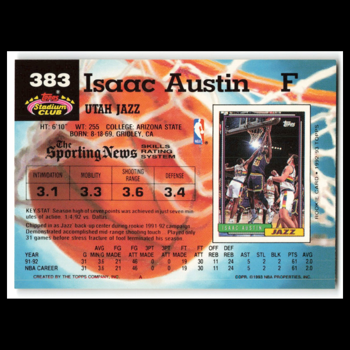 Isaac Austin Rookie #383 1992 Topps Stadium Club Utah Jazz Basketball Card NBA