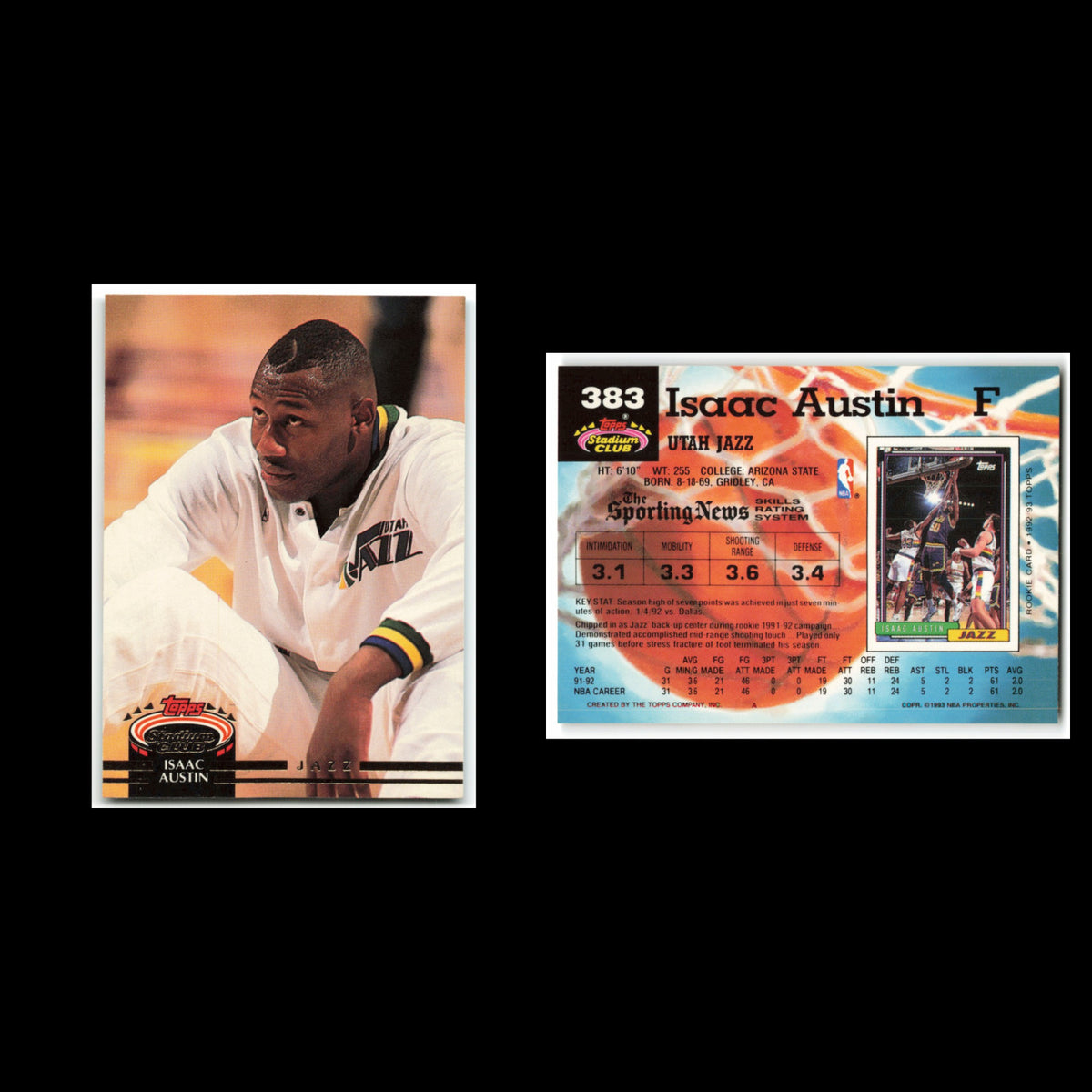 Isaac Austin Rookie #383 1992 Topps Stadium Club Utah Jazz Basketball Card NBA