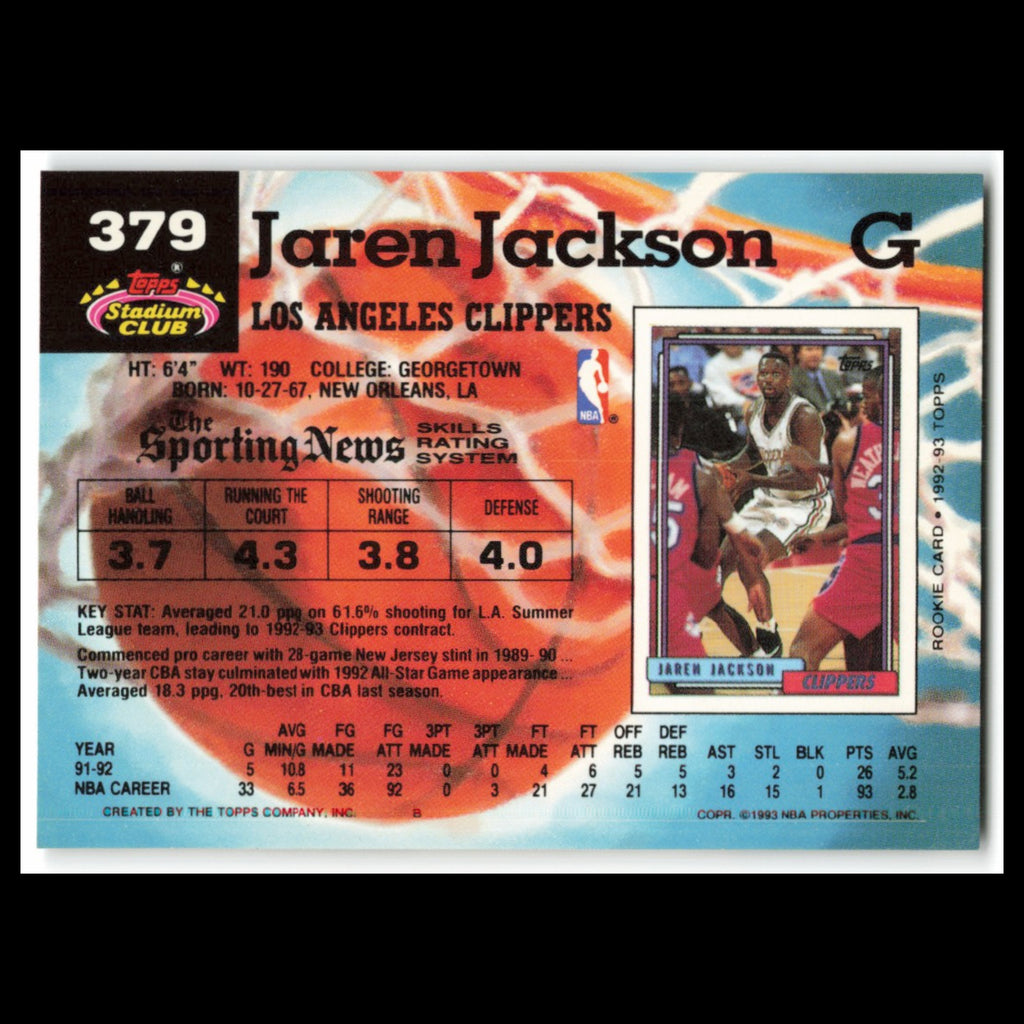 Jaren Jackson Rookie #379 1992 Topps Stadium Club Los Angeles Clippers Card NBA