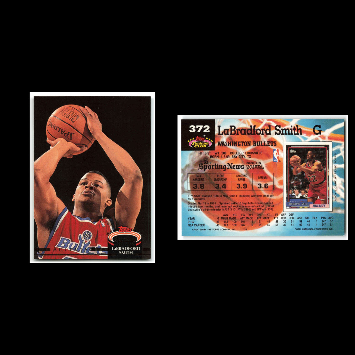 LaBradford Smith #372 1992 Topps Stadium Club Washington Bullets Basketball Card