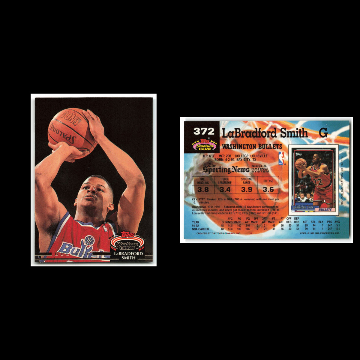 LaBradford Smith #372 1992 Topps Stadium Club Washington Bullets Basketball Card