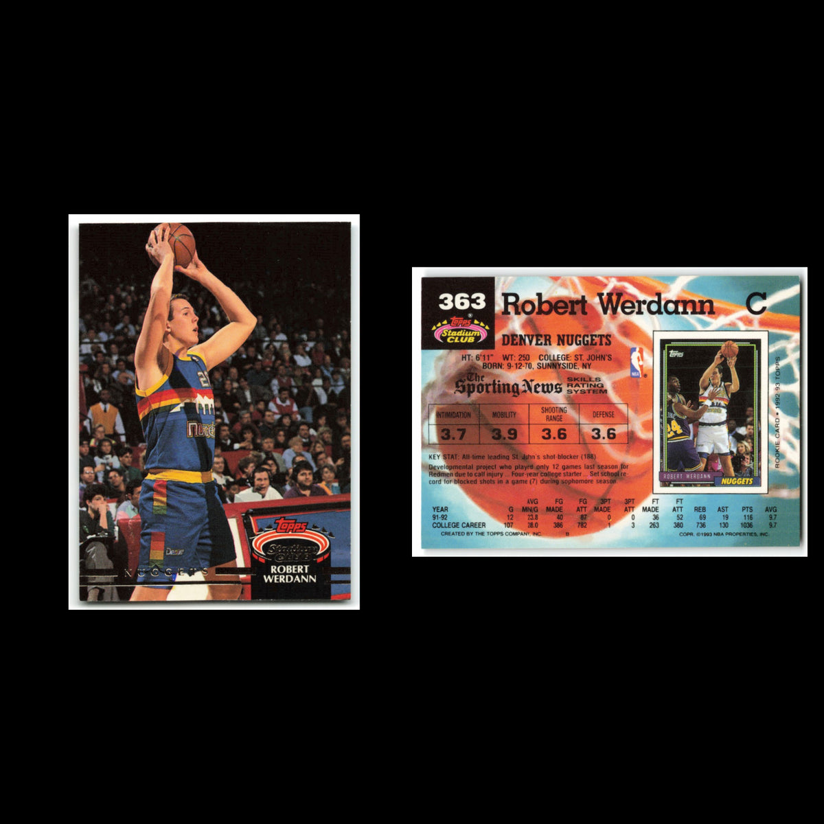 Robert Werdann Rookie #363 1992 Topps Stadium Club Denver Nuggets Basketball NBA