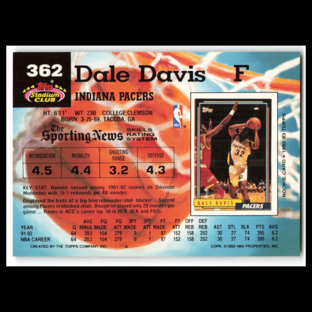 Dale Davis #362 1992 Topps Stadium Club Indiana Pacers Basketball Card NBA NM