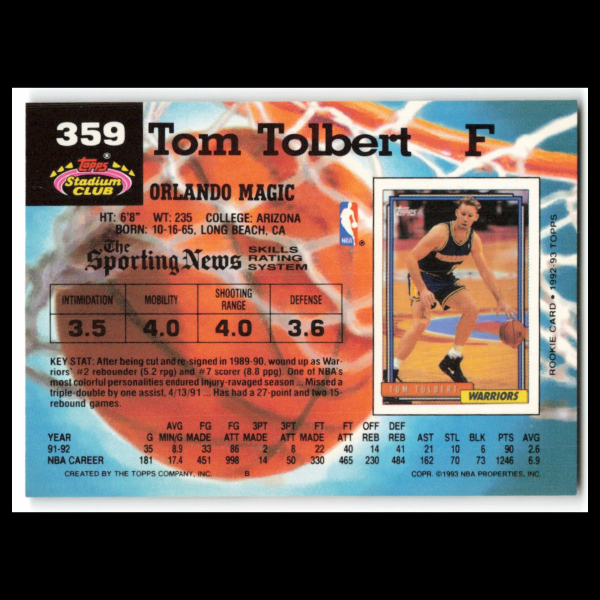 Tom Golbert #359 1992 Topps Stadium Club Orlando Magic Basketball Card NBA NM