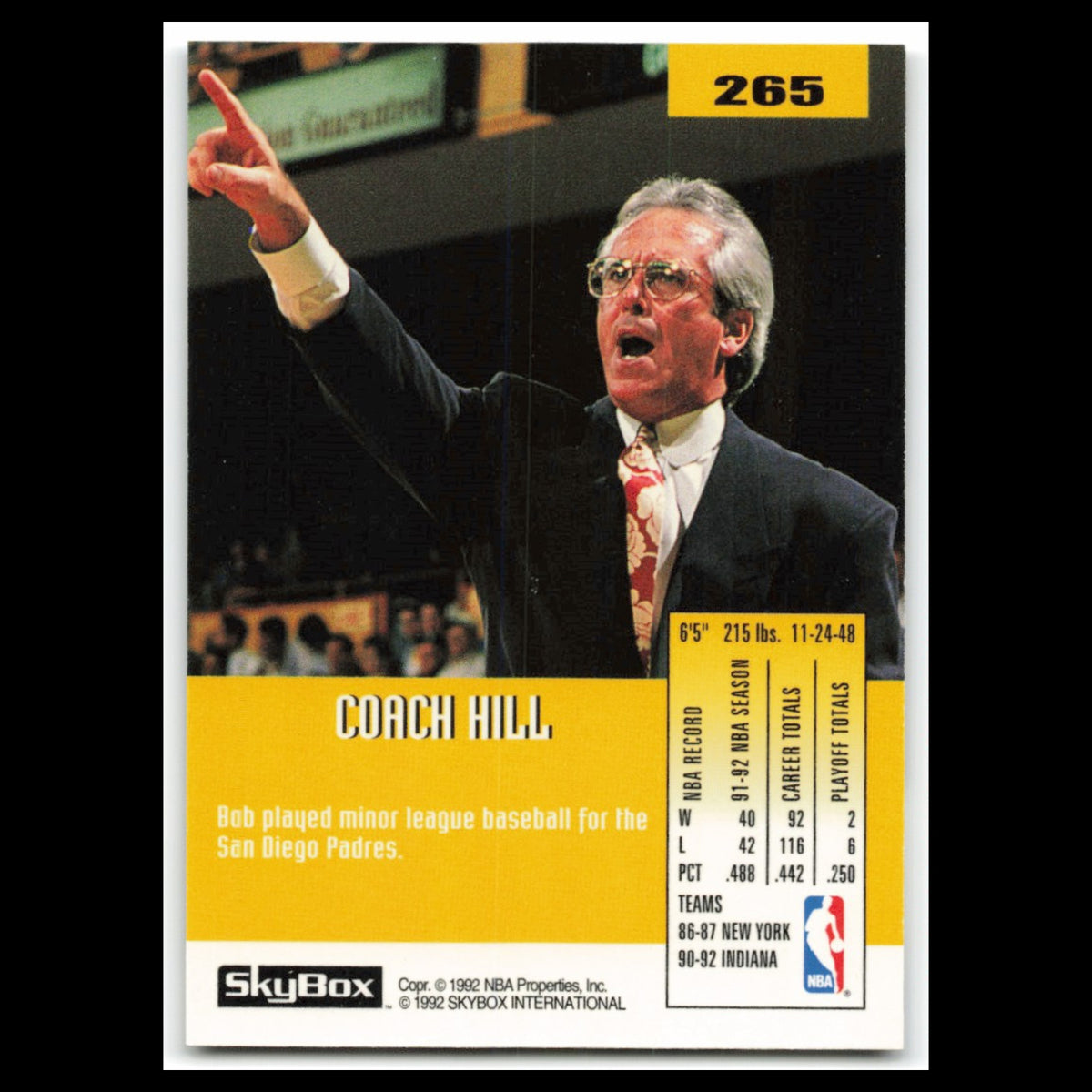 Bob Hill #265 1992 Skybox Indiana Pacers Basketball Card NBA NM