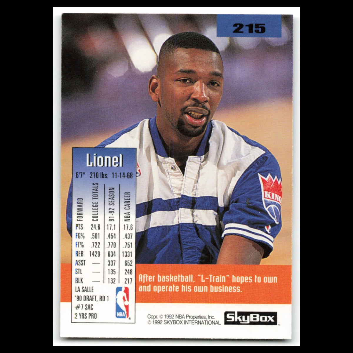Lionel Simmons #215 1992 SkyBox Sacramento Kings Basketball Card NBA NM