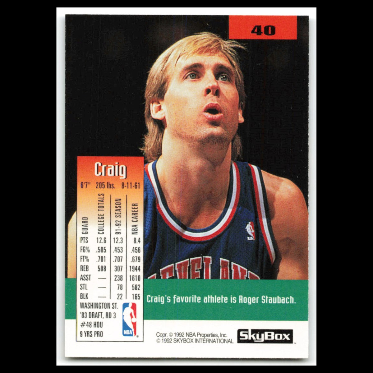 Craig Ehlo #40 1992 SkyBox Cleveland Cavaliers Basketball Card NBA NM