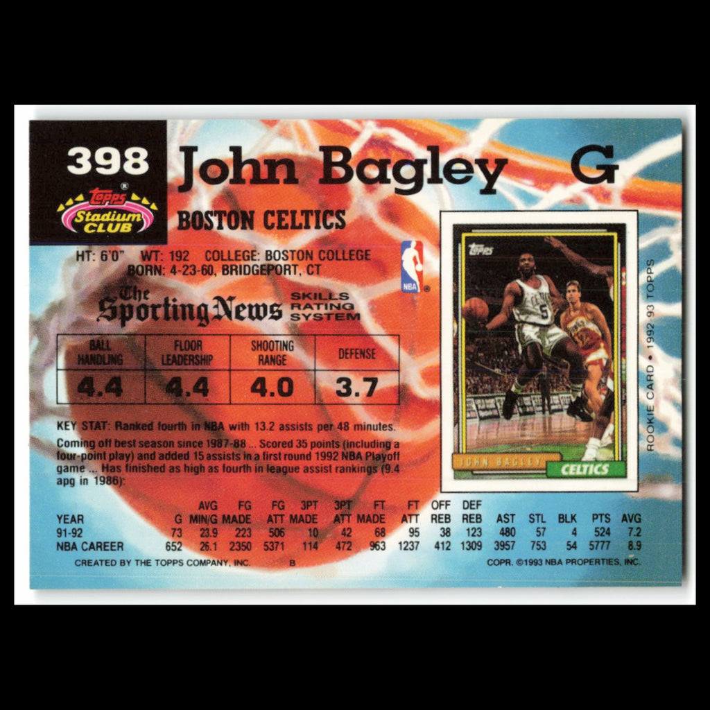John Bagley #398 1992 Topps Stadium Club Boston Celtics Basketball Card NBA NM