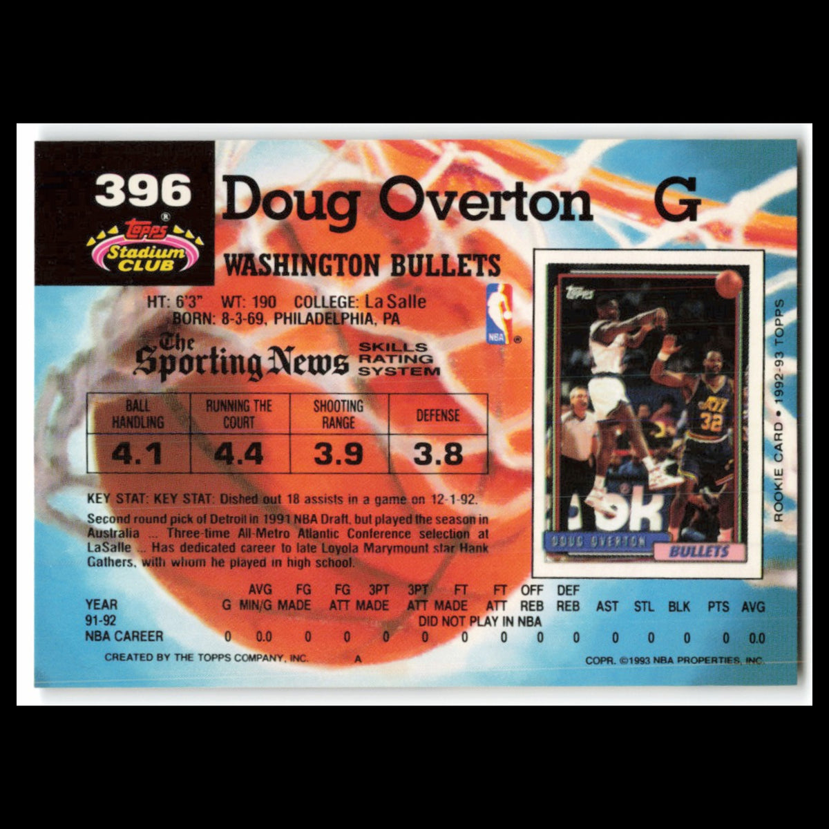 Doug Overton #396 1992 Topps Stadium Club Washington Bullets Basketball Card NBA