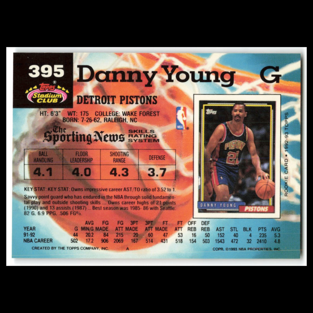 Danny Young #395 1992 Topps Stadium Club Detroit Pistons Basketball Card NBA NM
