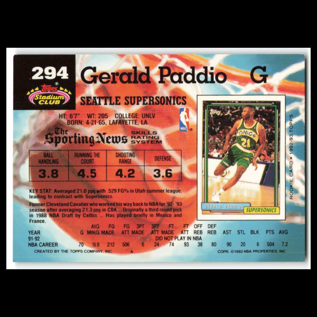 Gerald Paddio #294 1992 Topps Stadium Club Seattle SuperSonics Basketball Card