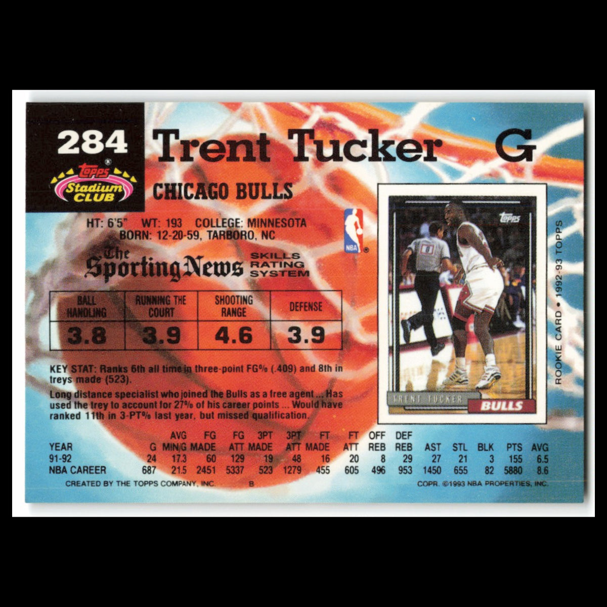 Trent Tucker #284 1992 Topps Stadium Club Chicago Bulls Basketball Card NBA NM
