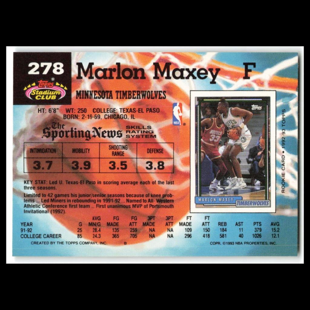 Marlon Maxey Rookie #278 1992 Topps Stadium Club Minnesota Timberwolves Card NBA