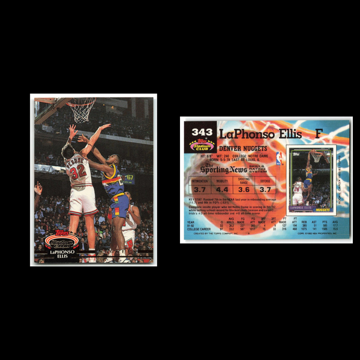 LaPhonso Ellis Rookie #343 1992 Topps Stadium Club Denver Nuggets Basketball NBA