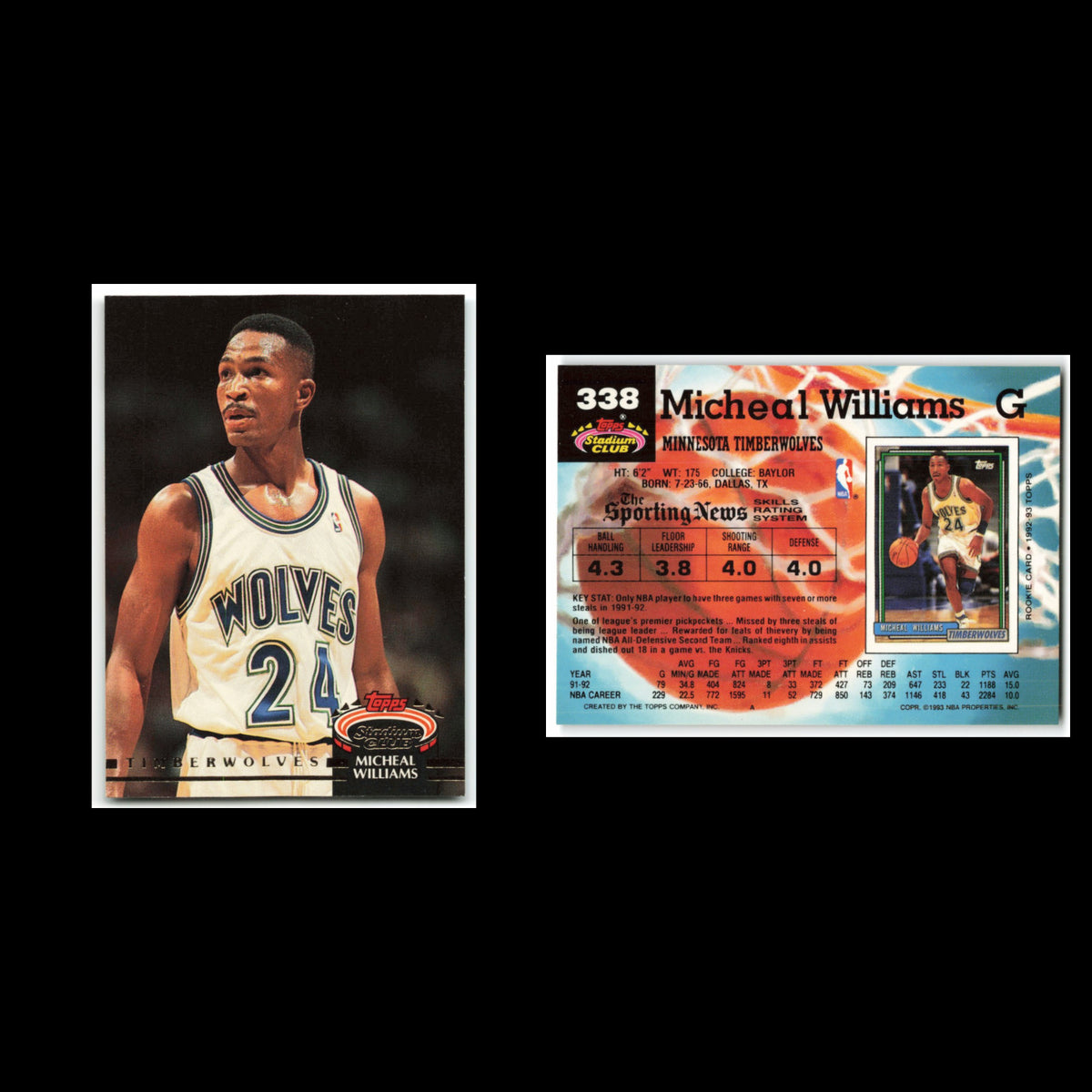 Micheal Williams #338 1992 Topps Stadium Club Minnesota Timberwolves Basketball
