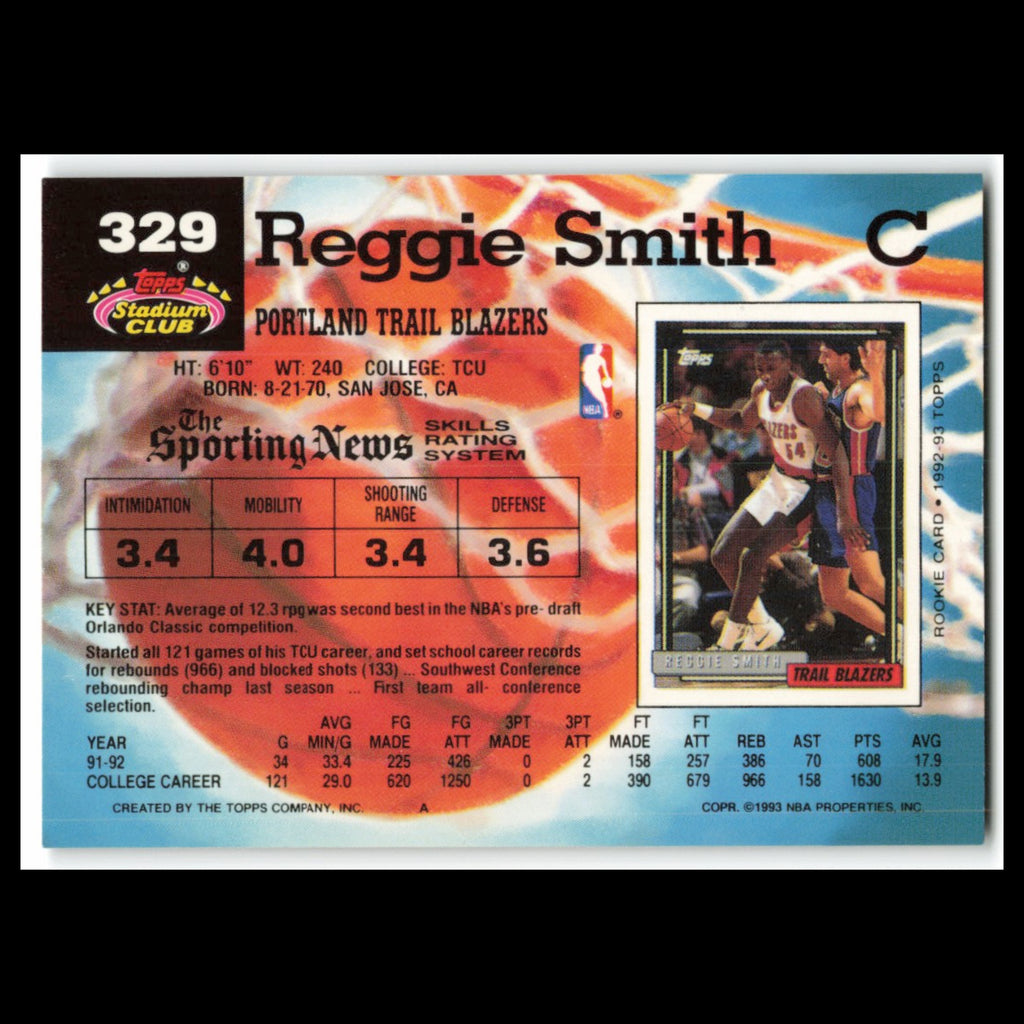 Reggie Smith Rookie #329 1992 Topps Stadium Club Portland Trail Blazers Card NBA