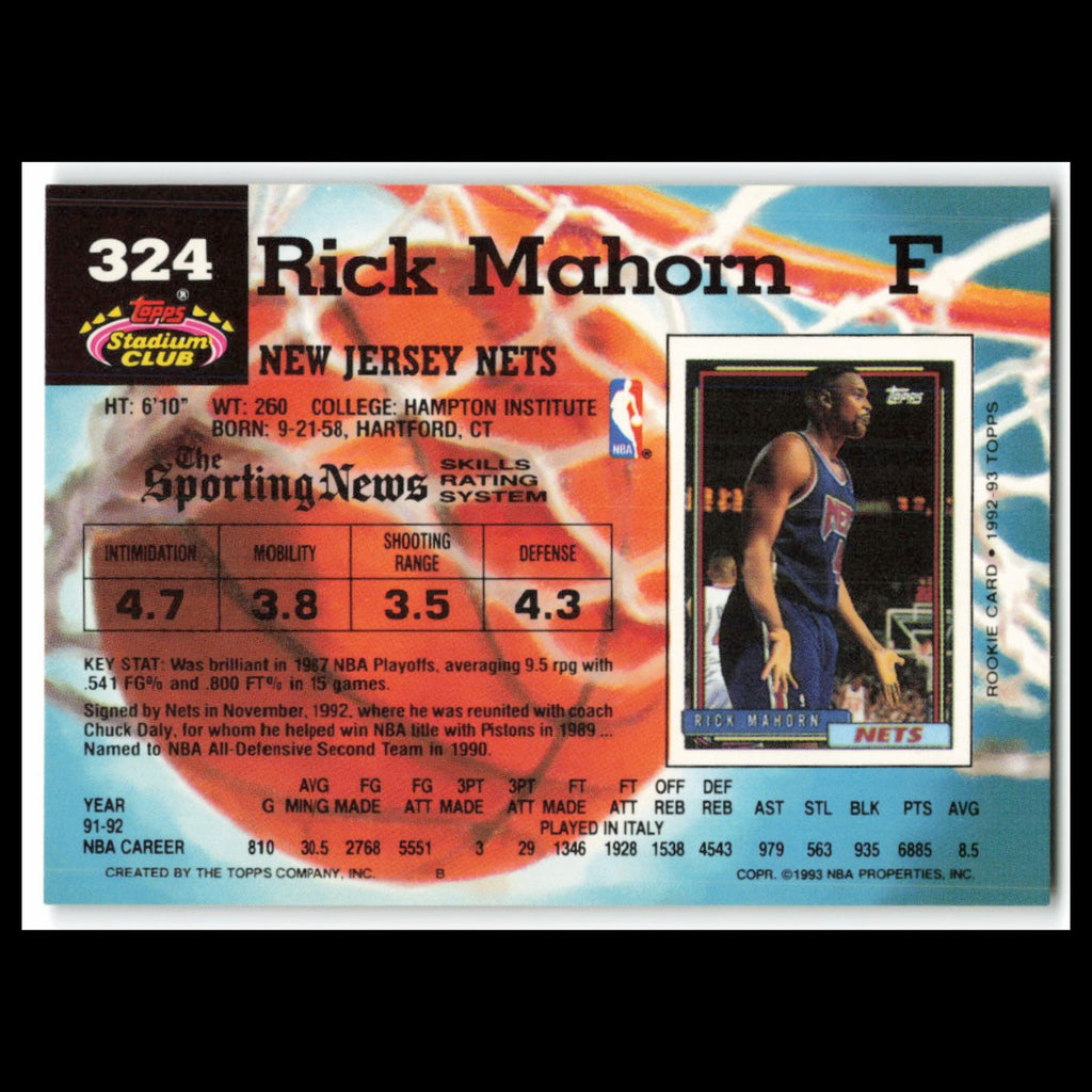 Rick Mahorn #324 1992 Topps Stadium Club New Jersey Nets Basketball Card NBA NM
