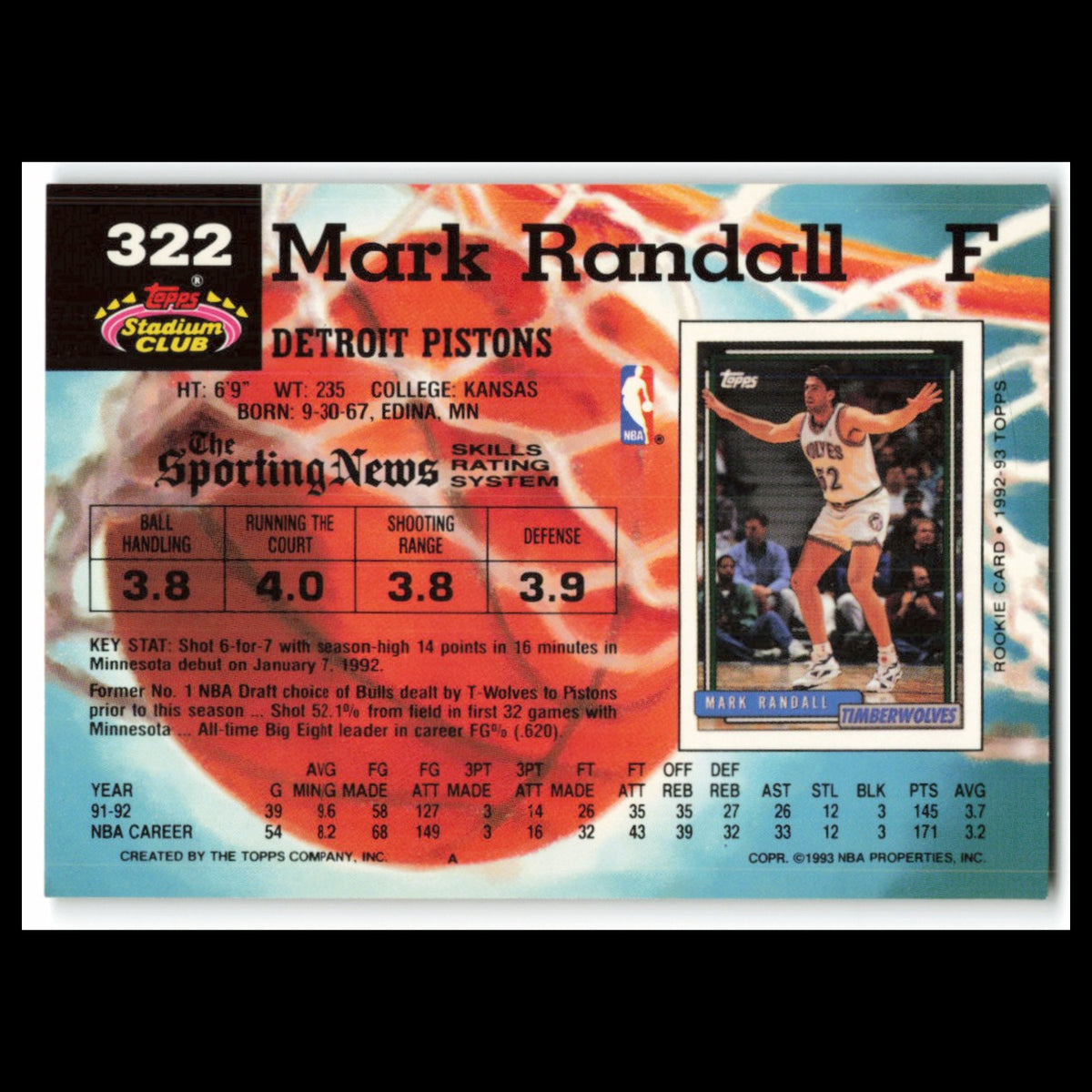 Mark Randall #322 1992 Topps Stadium Club Detroit Pistons Basketball Card NBA NM