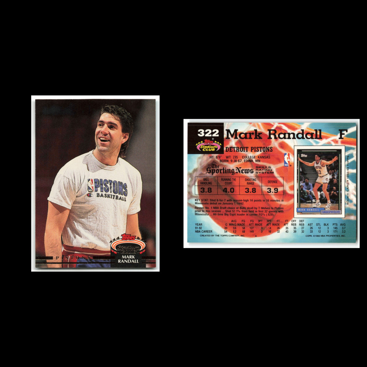 Mark Randall #322 1992 Topps Stadium Club Detroit Pistons Basketball Card NBA NM