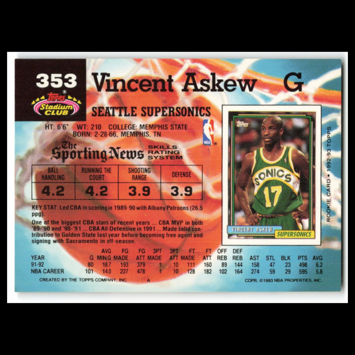 Vincent Askew #353 1992 Topps Stadium Club Seattle SuperSonics Basketball Card
