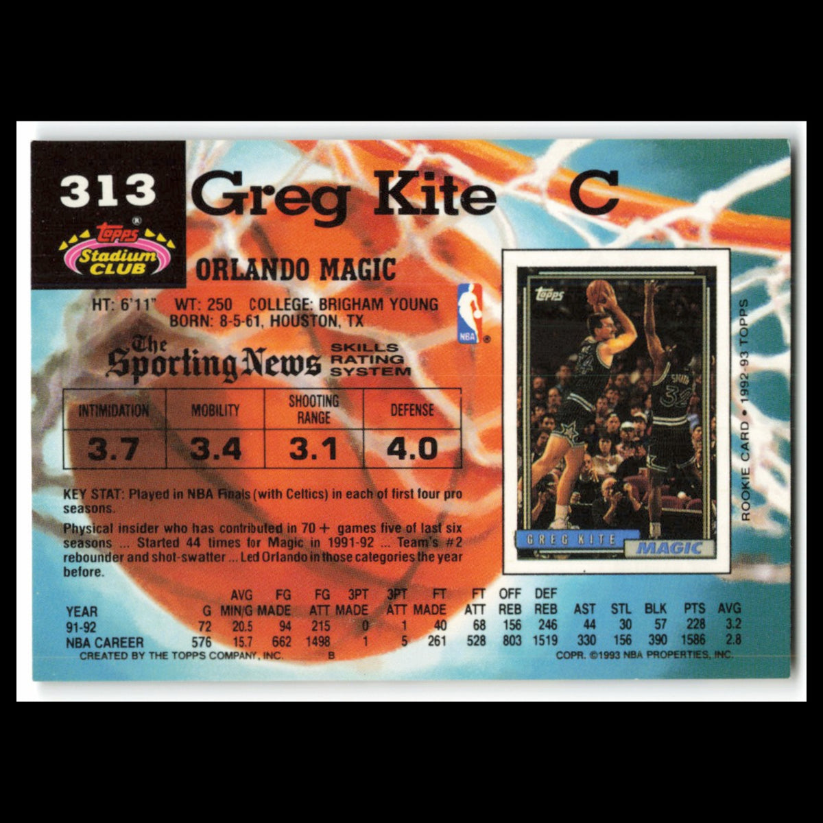 Greg Kite #313 1992 Topps Stadium Club Orlando Magic Basketball Card NBA NM
