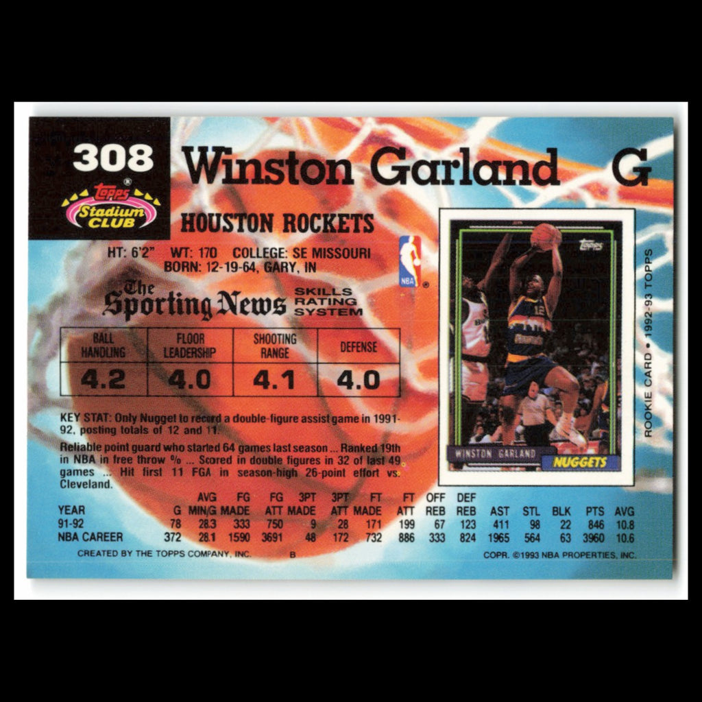 Winston Garland #308 1992 Topps Stadium Club Houston Rockets Basketball Card NBA