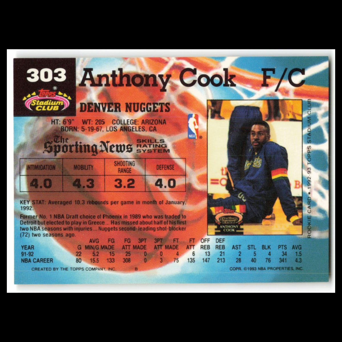 Anthony Cook #303 1992 Topps Stadium Club Denver Nuggets Basketball Card NBA NM