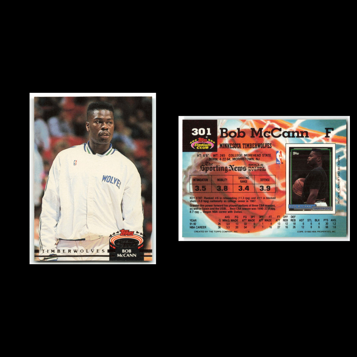 Bob McCann Rookie #301 1992 Topps Stadium Club Minnesota Timberwolves Basketball