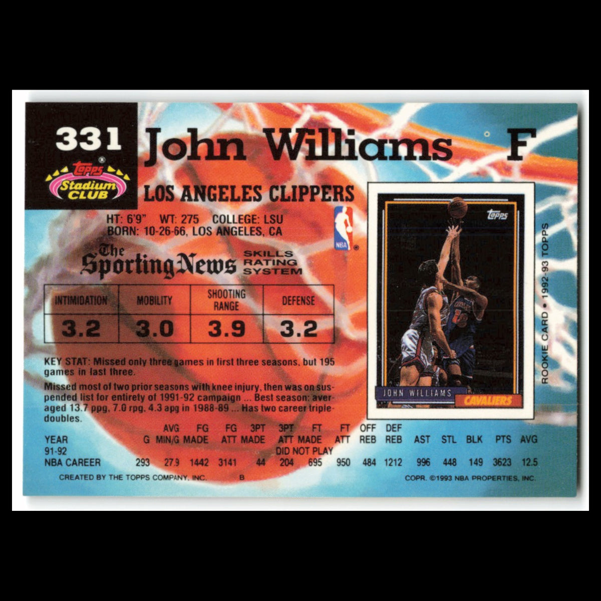 John Williams #331 1992 Topps Stadium Club Los Angeles Clippers Basketball Card