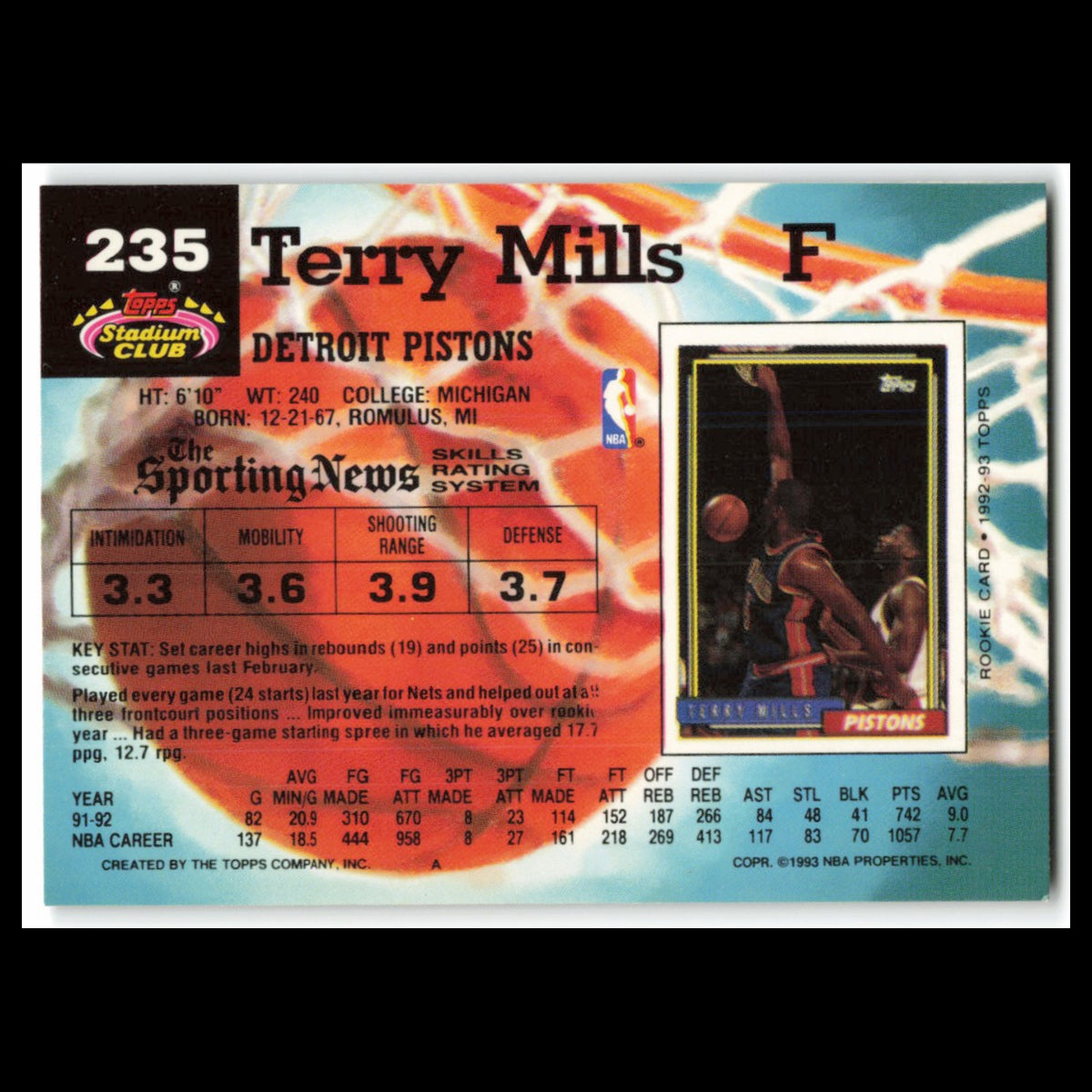 Terry Mills #235 1992 Topps Stadium Club Detroit Pistons Basketball Card NBA NM