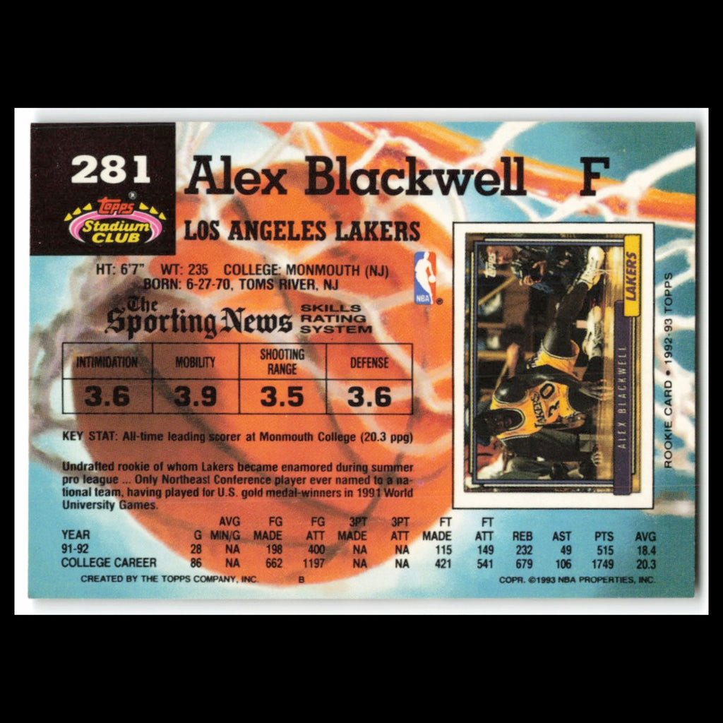 Alex Blackwell Rookie #281 1992 Topps Stadium Club Los Angeles Lakers Basketball