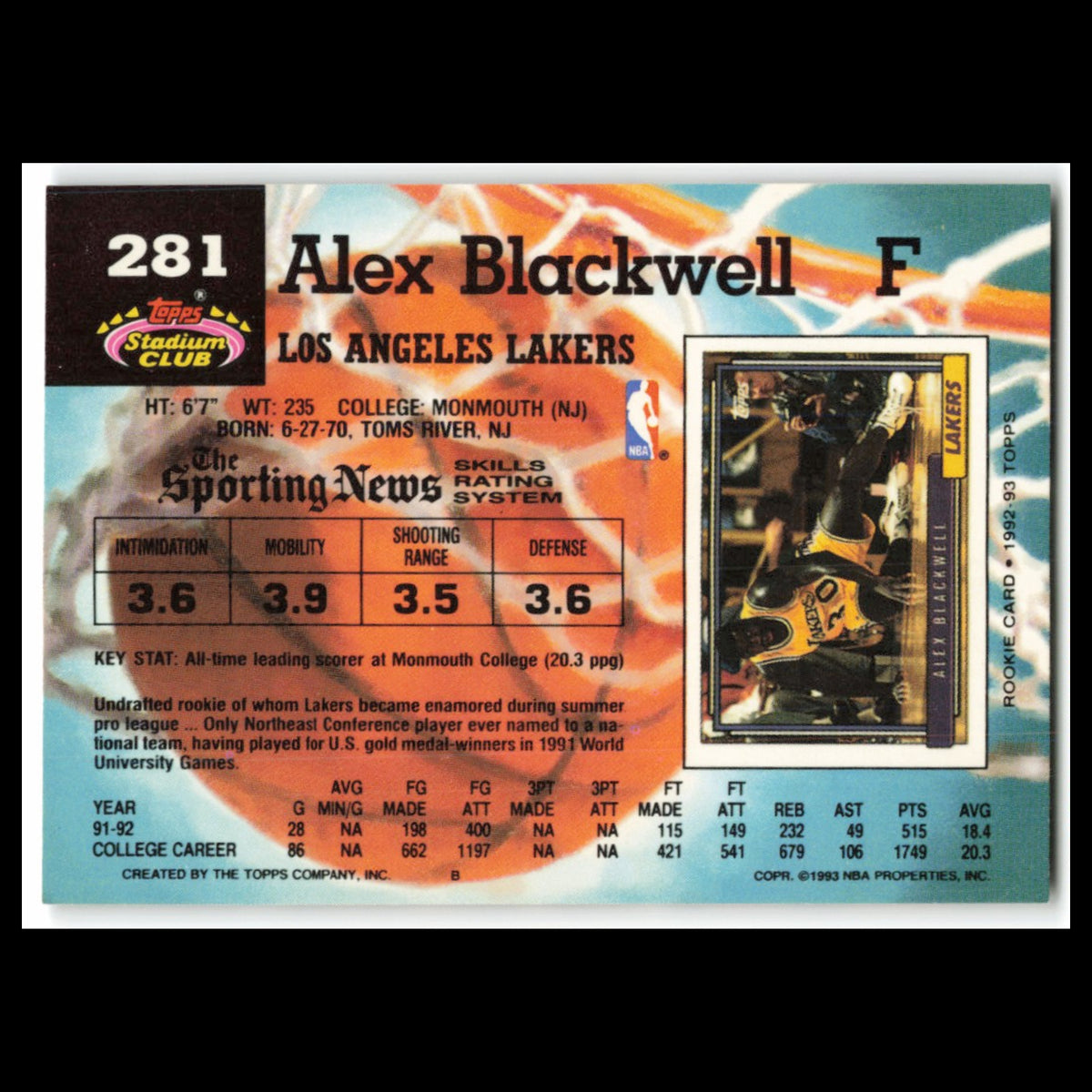 Alex Blackwell Rookie #281 1992 Topps Stadium Club Los Angeles Lakers Basketball