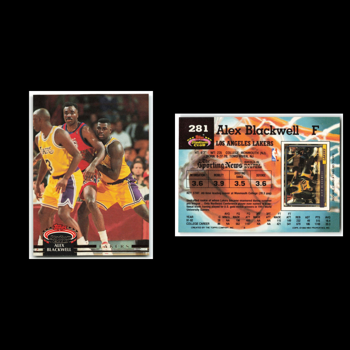 Alex Blackwell Rookie #281 1992 Topps Stadium Club Los Angeles Lakers Basketball