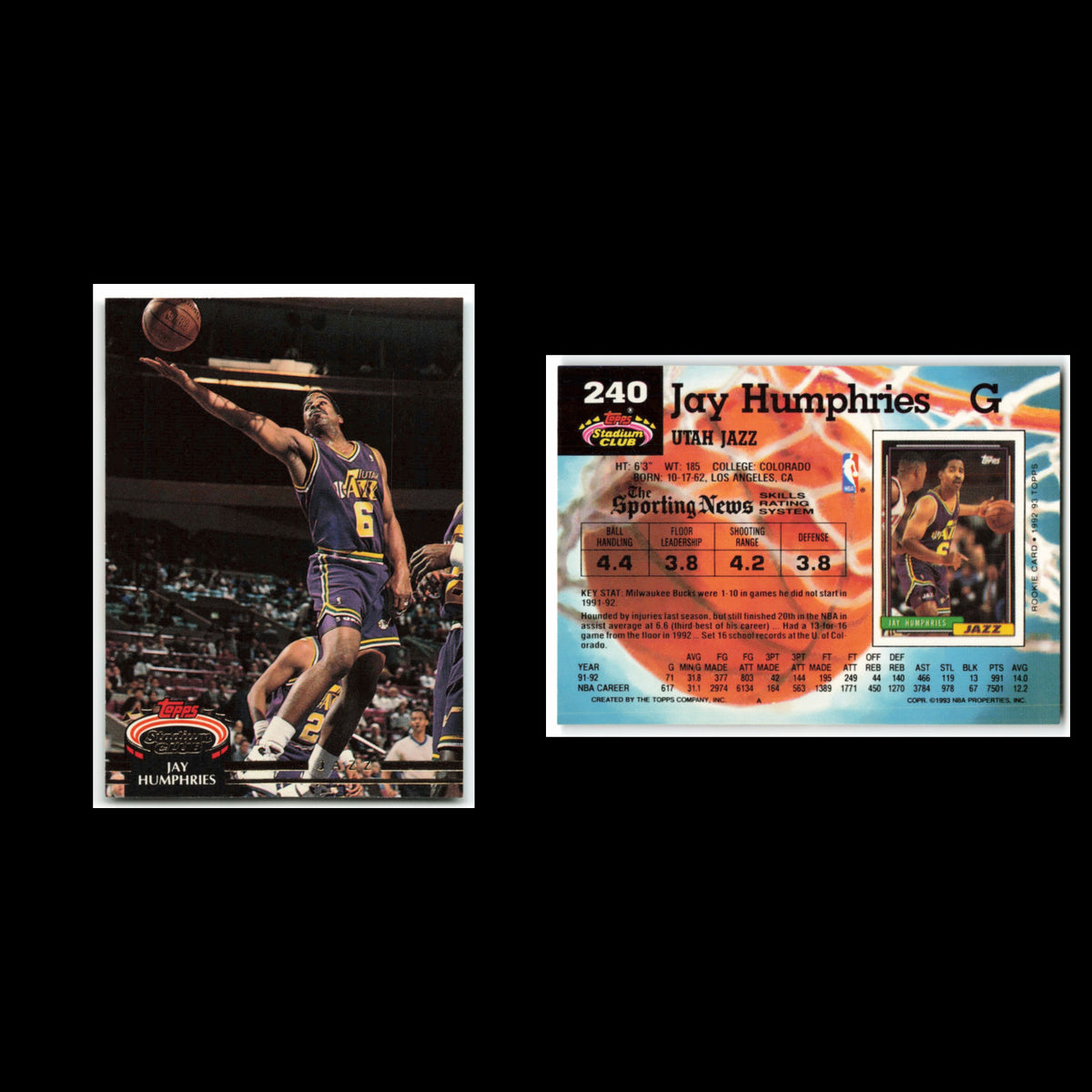 Jay Humphries #240 1992 Topps Stadium Club Utah Jazz Basketball Card NBA NM