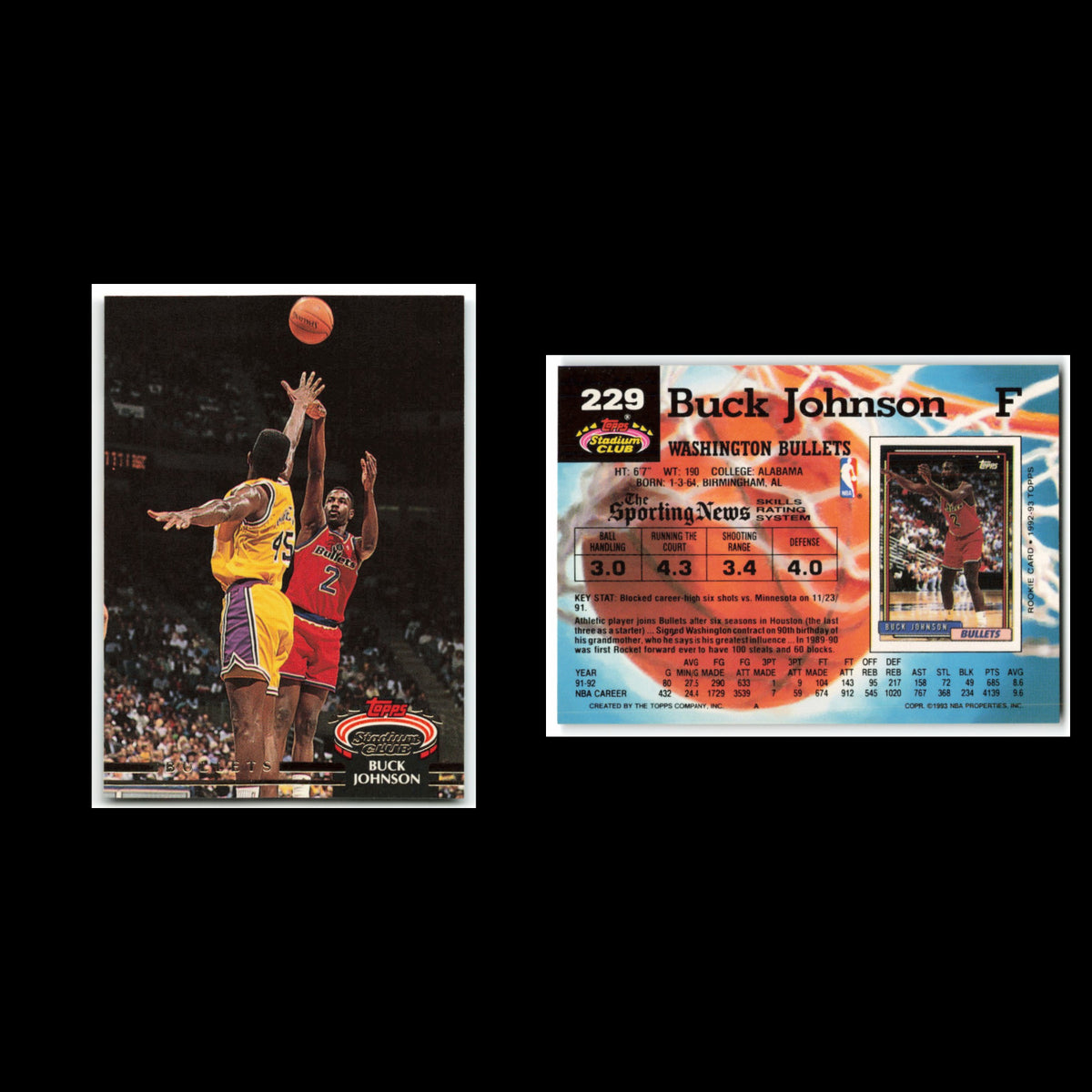 Buck Johnson #229 1992 Topps Stadium Club Washington Bullets Basketball Card NBA