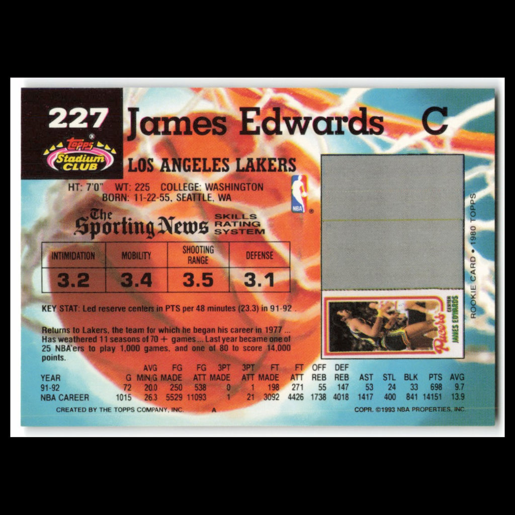 James Edwards #227 1992 Topps Stadium Club Los Angeles Lakers Basketball Card NM