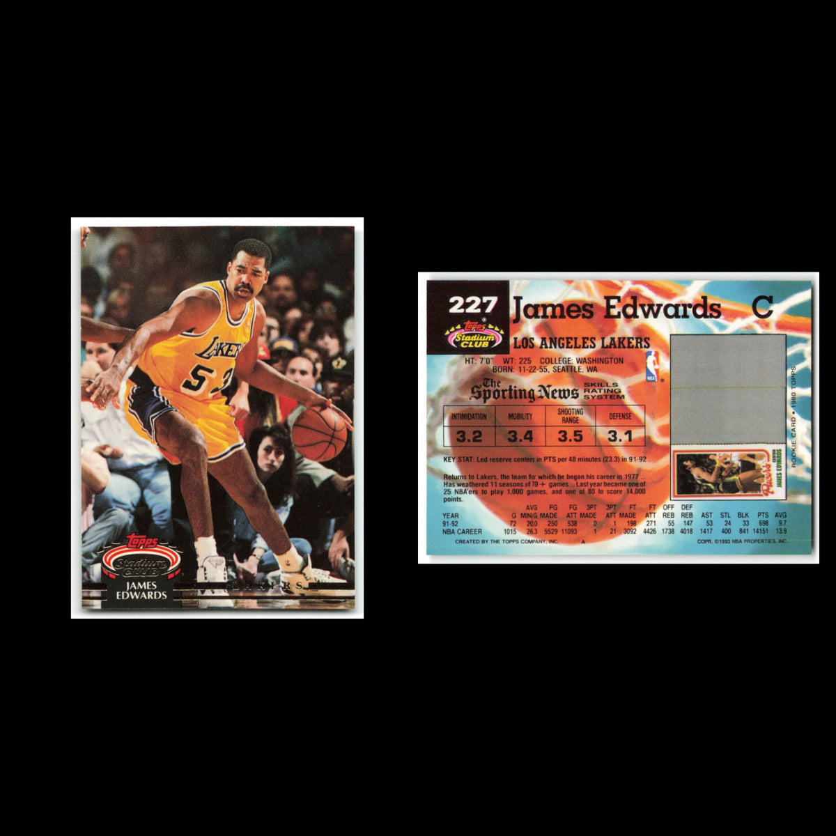 James Edwards #227 1992 Topps Stadium Club Los Angeles Lakers Basketball Card NM