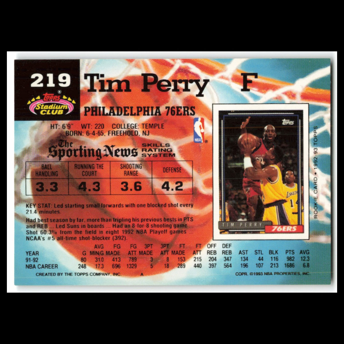 Tim Perry #219 1992 Topps Stadium Club Philadelphia 76ers Basketball Card NBA NM