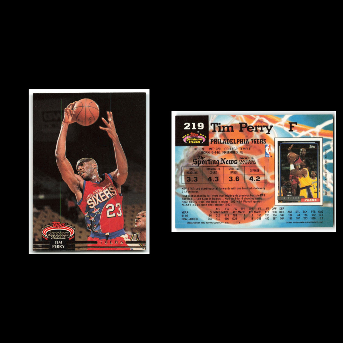 Tim Perry #219 1992 Topps Stadium Club Philadelphia 76ers Basketball Card NBA NM