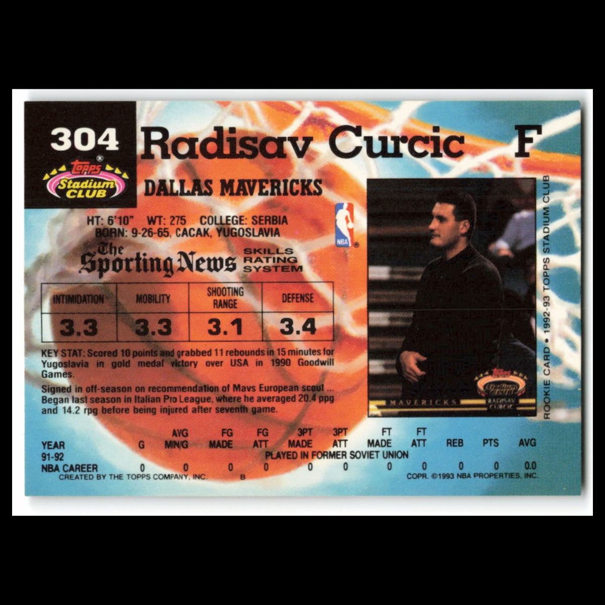Radisav Curcic Rookie #304 1992 Topps Stadium Club Dallas Mavericks Basketball