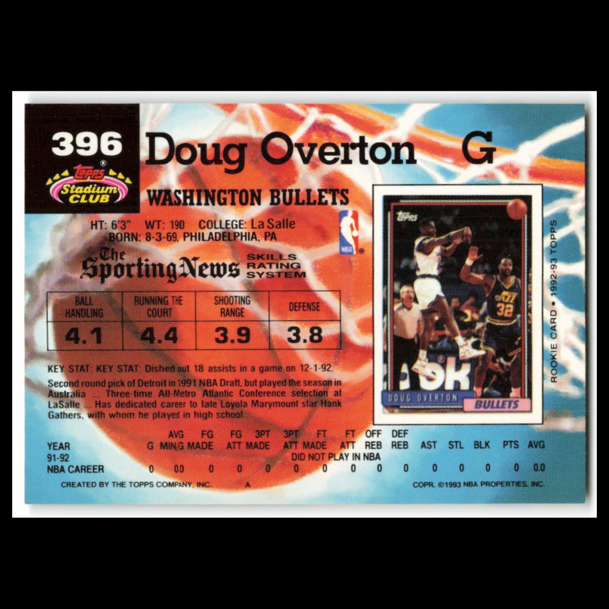Doug Overton #396 1992 Topps Stadium Club Washington Bullets Basketball Card NBA