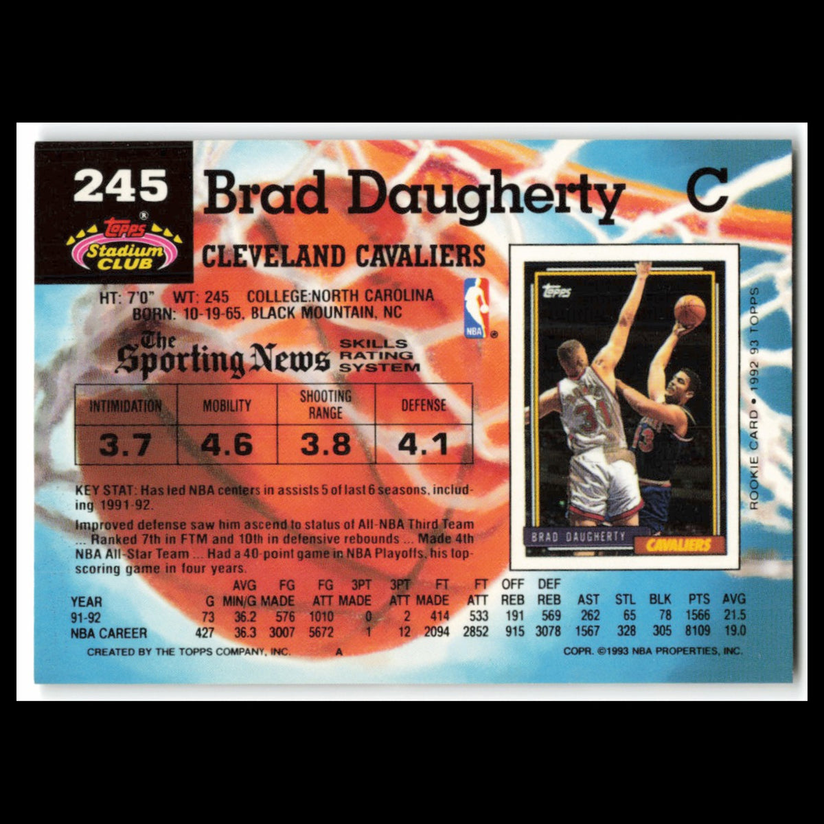 Brad Daugherty #245 1992 Topps Stadium Club Cleveland Cavaliers Basketball Card