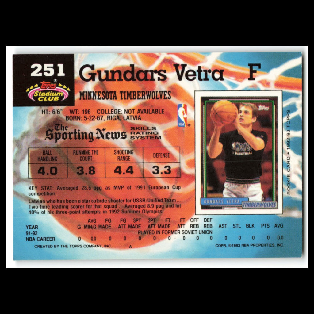 Gundars Vetra Rookie #251 1992 Topps Stadium Club Minnesota Timberwolves Card NM