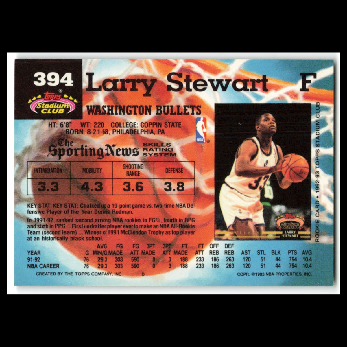 Larry Stewart #394 1992 Topps Stadium Club Washington Bullets Basketball Card NM